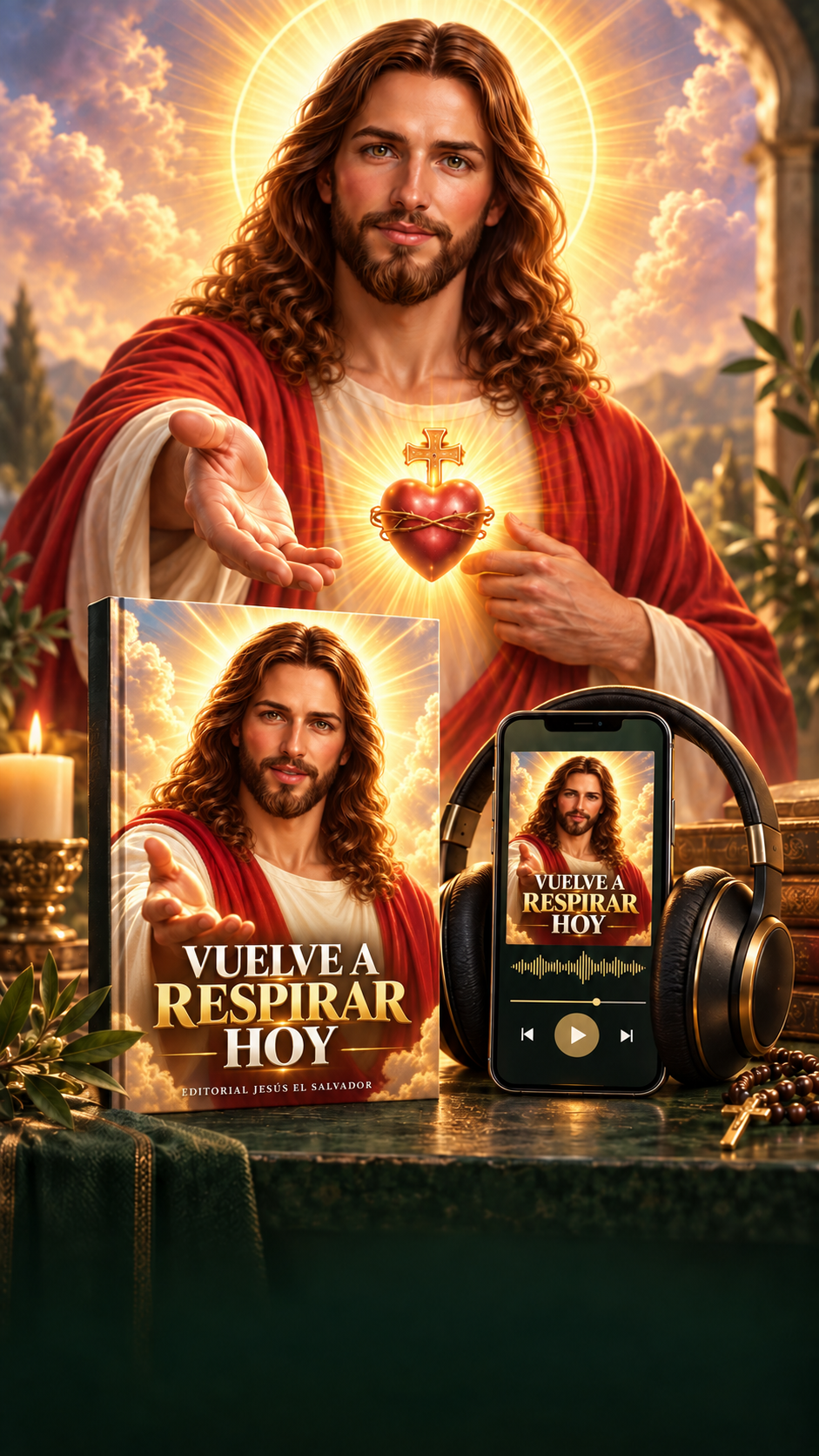 Jesús junto al devocional Vuelve a Respirar Hoy, un teléfono reproduciendo el audiolibro y audífonos